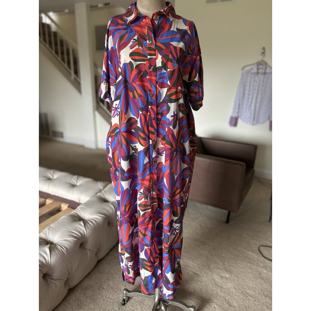 Sezane Alani Button Down Maxi Midi Shirt Dress 44 Patch Pocket Floral